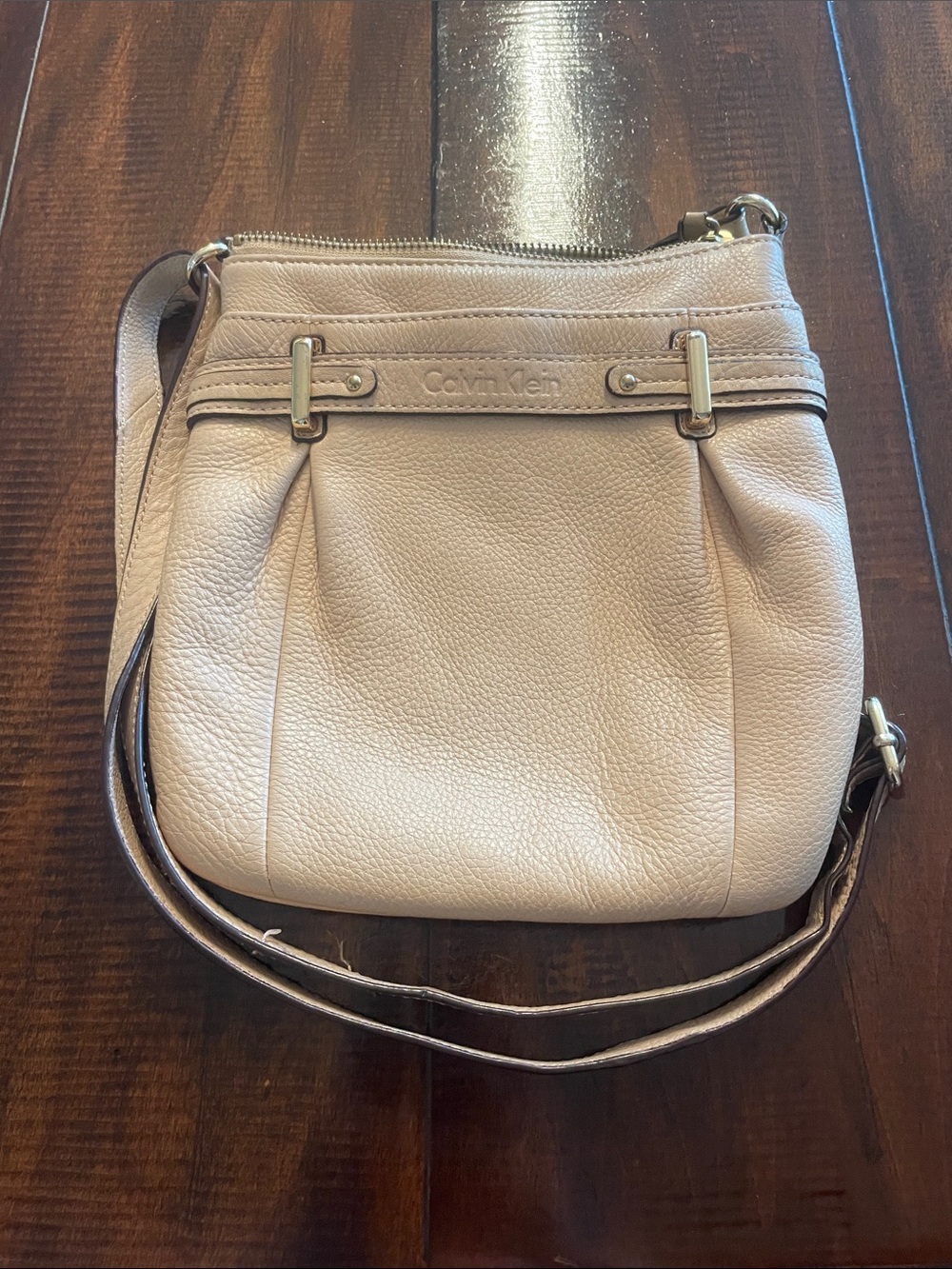 Calvin Klein Light Cream Pebbled Leather Shoulder Crossbody